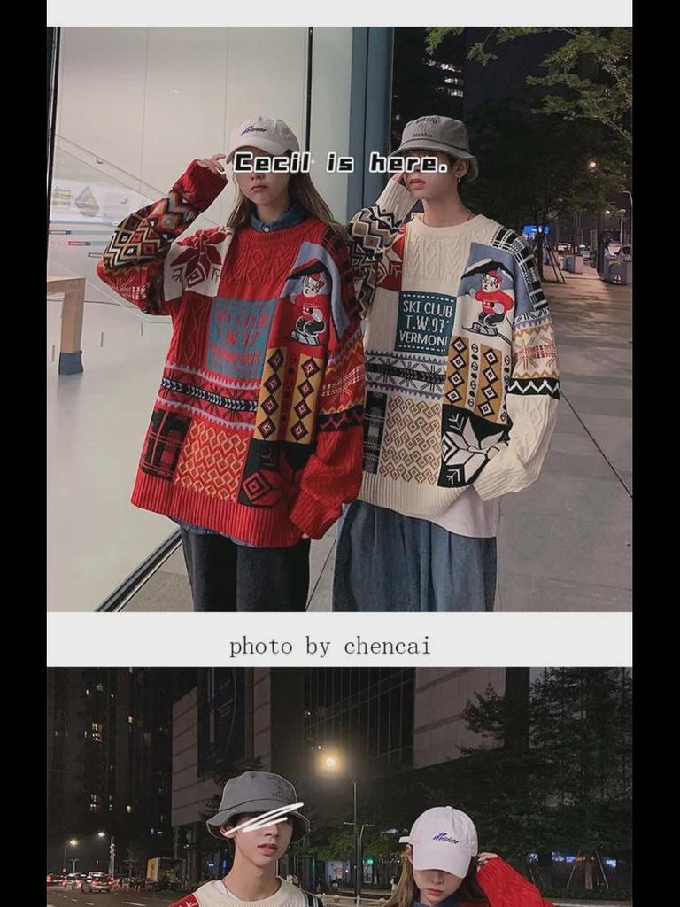 Women's Contrast Stitching Sweater - Winter Thick, Loose Fit, Japanese Trendy Brand, Versatile, Round Neck Casual Knit Jacket