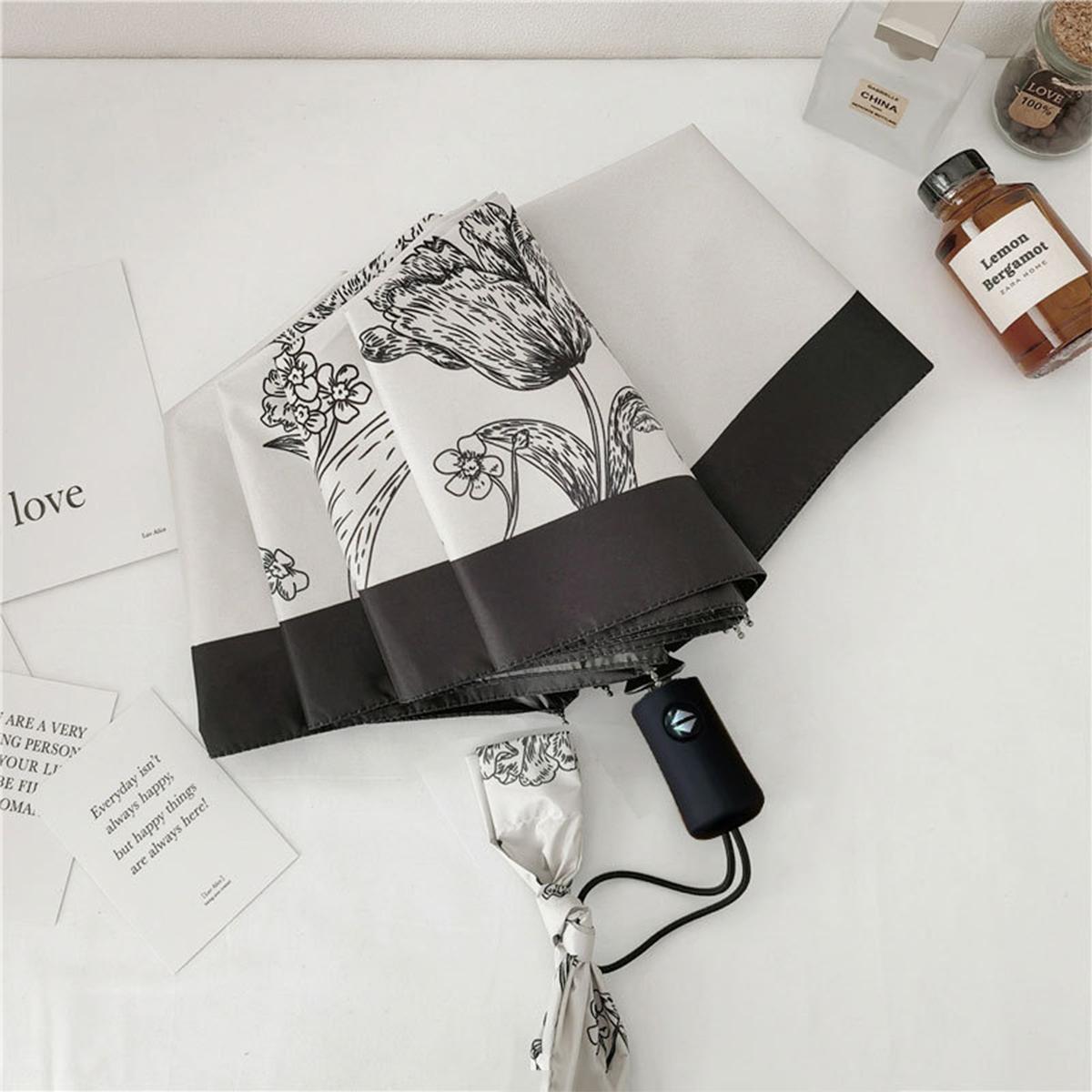 

Ретро Зонт для Женщин Дождь или Солнце Полностью Автоматический Виниловый Солнцезащитный Зонт Ins Стиль Защита от Солнца Солнечный Зонт Высококлассный Французский чёрный