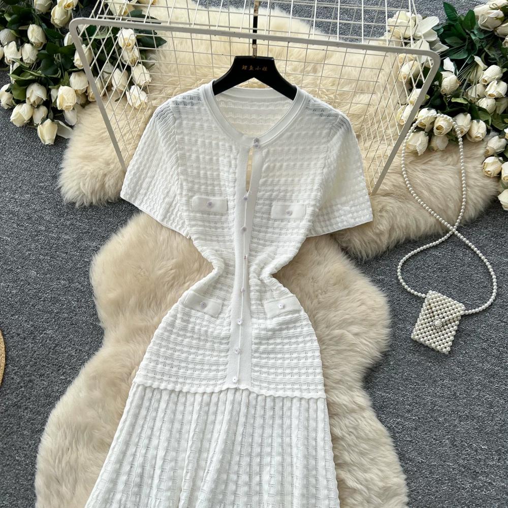 Summer Autumn Knitted Sweater Dress for Women Fashion Short Sleeve Single-breasted Hollow Out Elastic Simple Prom Dresses