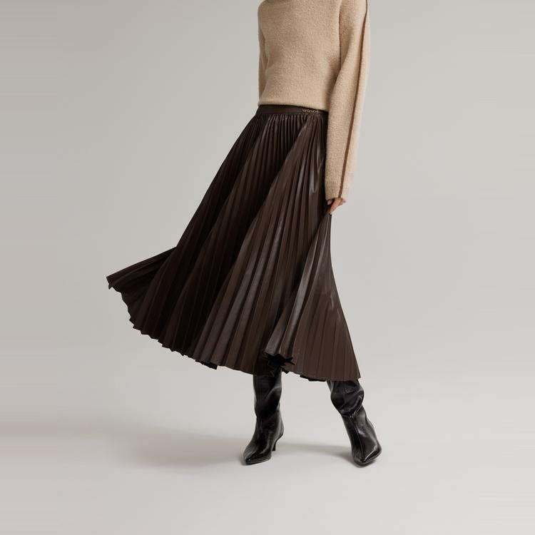 ELLE Solid Color Pleated High Waist Casual Long Skirt Women skirts Brown ER40091