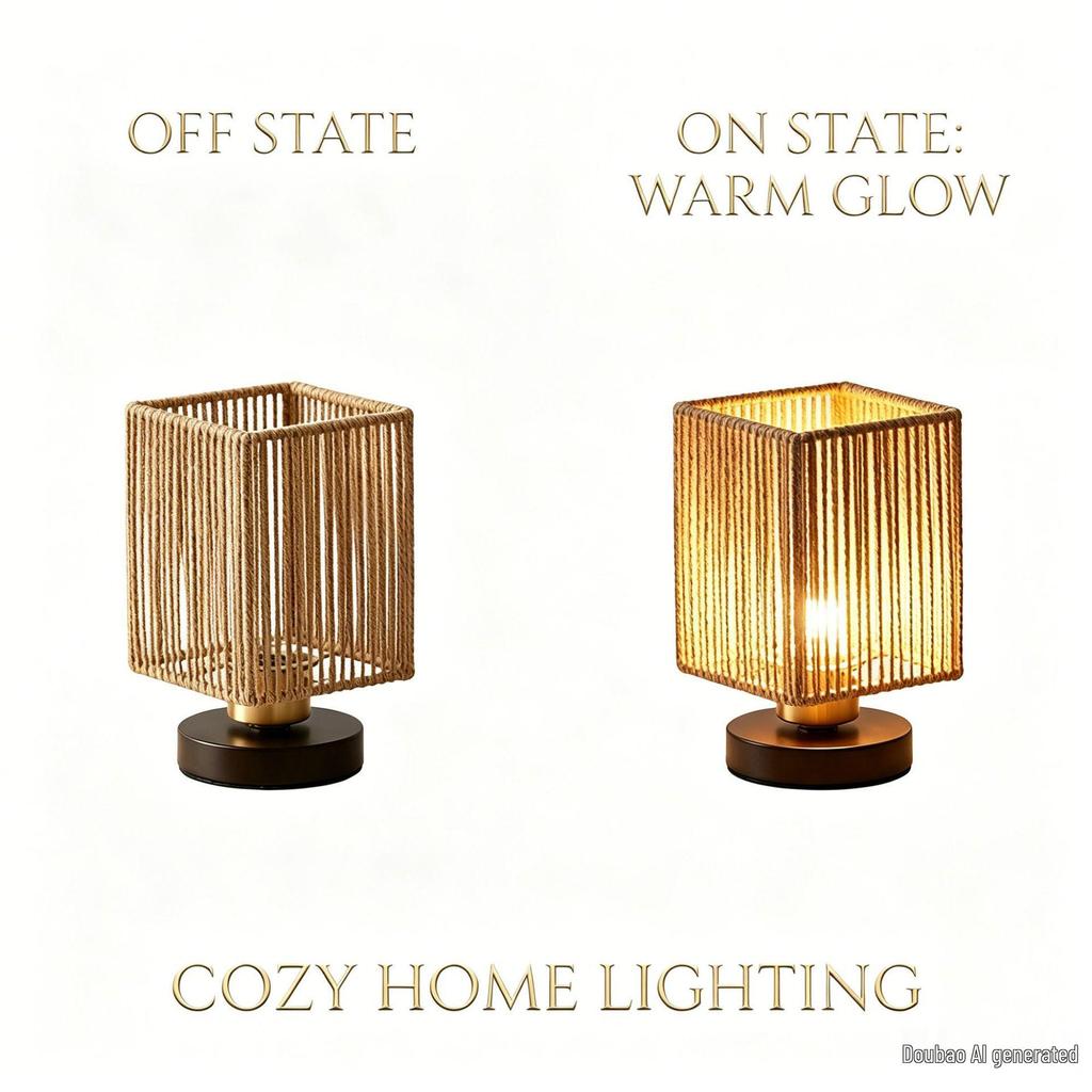 Wicker Desk Lamp with Charging Button - Straw Weave Bedside Night Light for Study or Bedroom