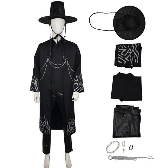 Korean Anime Cosplay Costume Black Flame Robe Shirt Pant Hat Set Villain Role-playing Outfit for Kids Halloween Carnival Performance