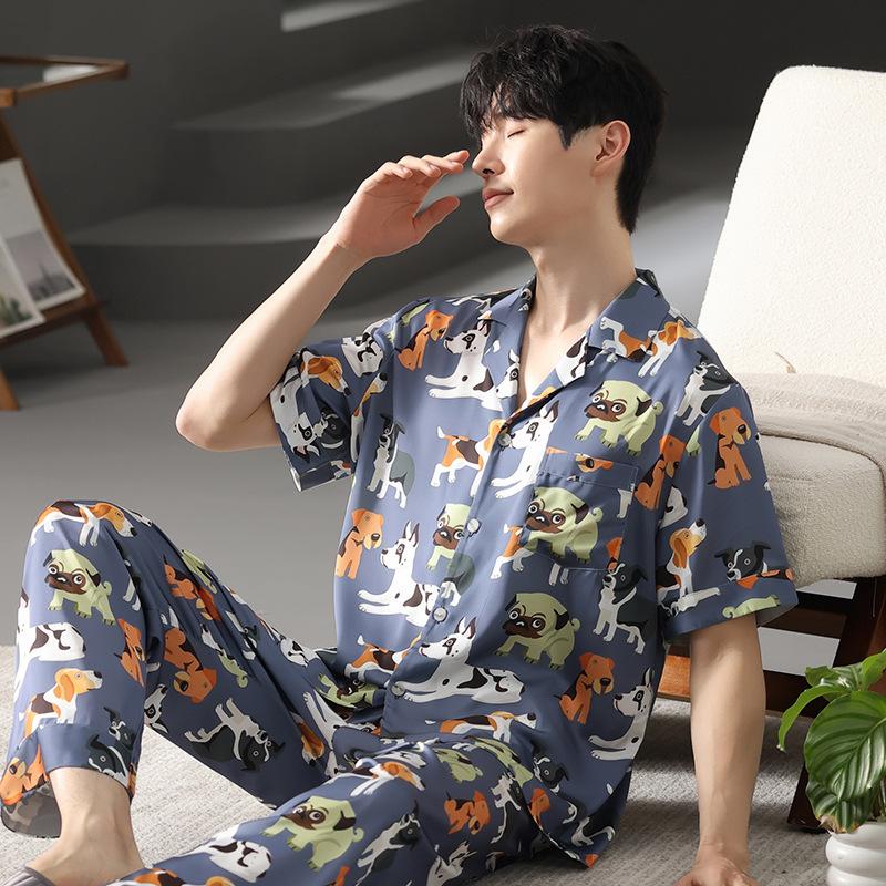 1011 New Pajamas Men's Summer Ice Silk Short-sleeved Trousers Simulated Silk Plus Size Star Loungewear Set