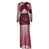European and American Style Cross-Border Fashion Sexy Mesh See-Through Long Dress New Long-Sleeve Hot Girl Ruched Slim-Fit Long Dress Gown