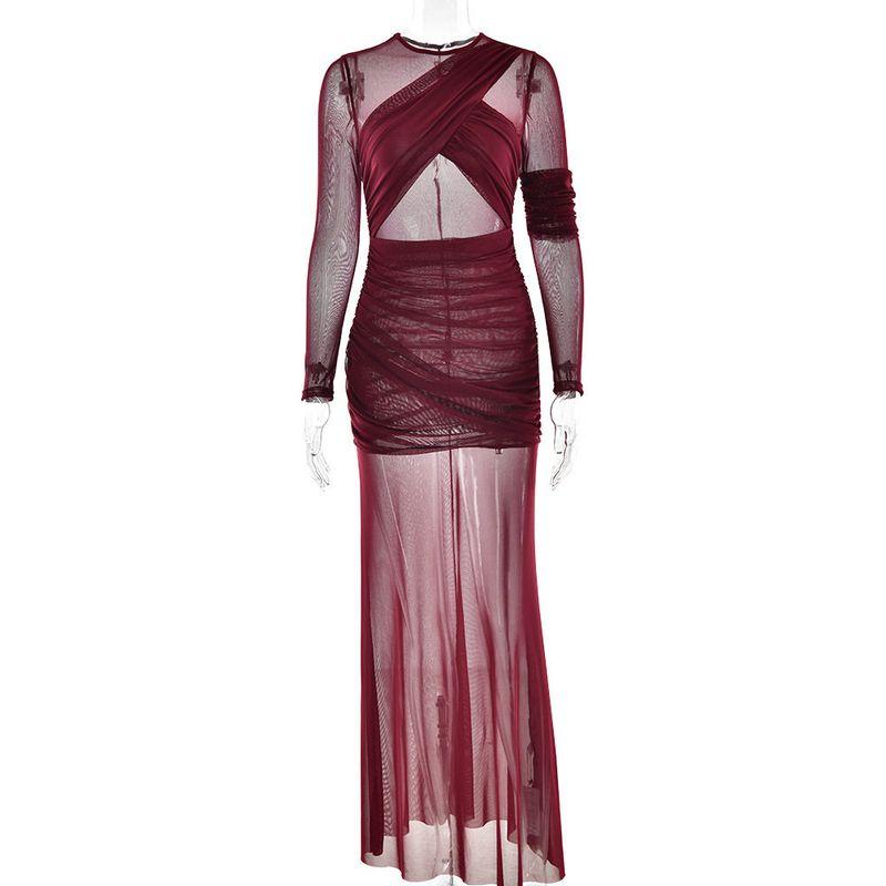 European and American Style Cross-Border Fashion Sexy Mesh See-Through Long Dress New Long-Sleeve Hot Girl Ruched Slim-Fit Long Dress Gown