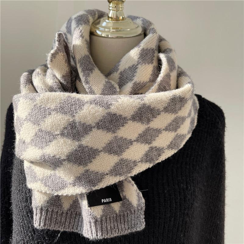 Scarf for Women Autumn and Winter Korean Version Versatile Checkerboard Student Couple Warm Knitted Wool Scarf Spring Festival Festive Red