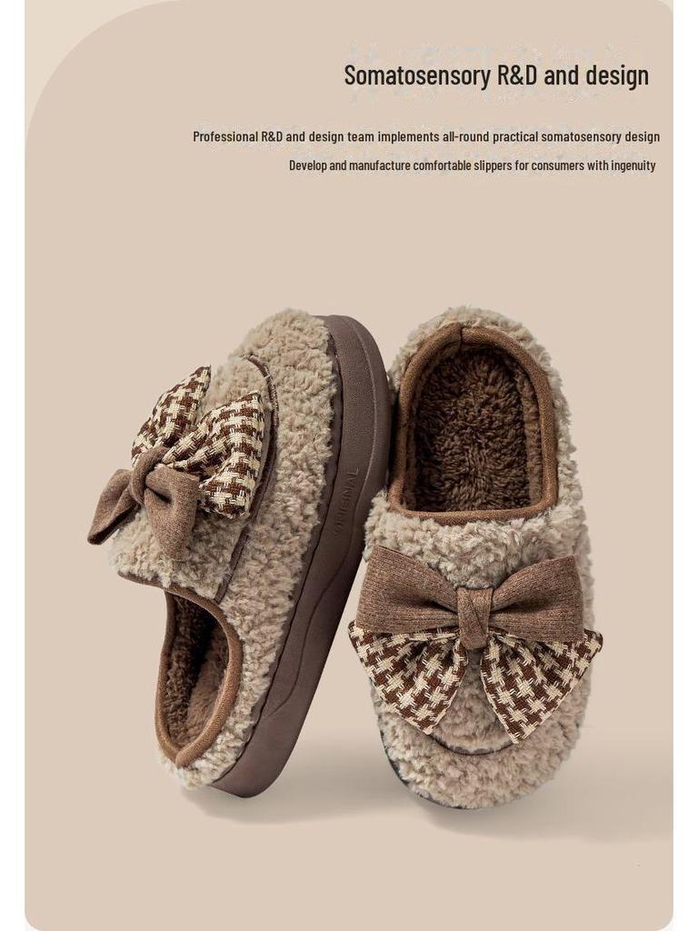 Bomullstofflor med rosett för kvinnor, tjock sula, varma sandaler för inomhus-/utomhusbruk, höst/vinter 2024