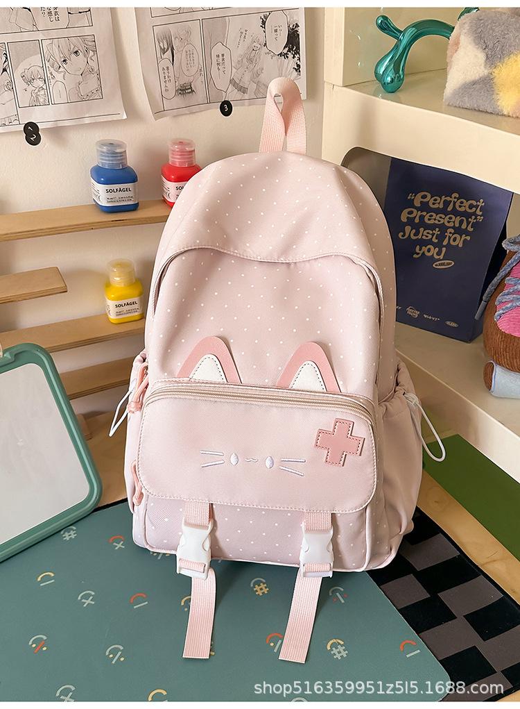 Schoolbag Korean version cute cat backpack large capacity junior high school high school student schoolbag girl campus wind polka dot backpack