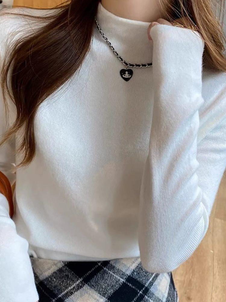 

Women s Half-High Neck Fleece-Lined Base Layer: Thick, Warm Knit Top for Spring 2025 M