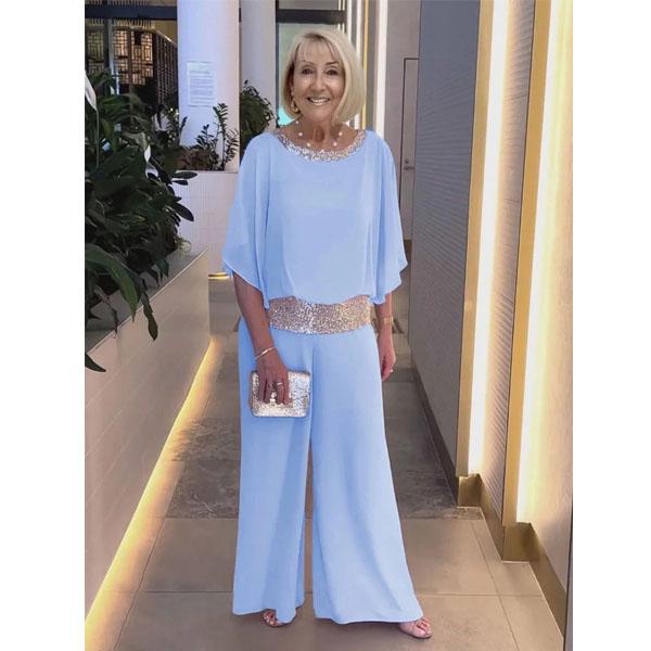 Dámská móda Jednobarevný potisk Krátký rukáv Košile v barvě flitrů se širokými nohavicemi Kalhoty Kalhoty Obleky