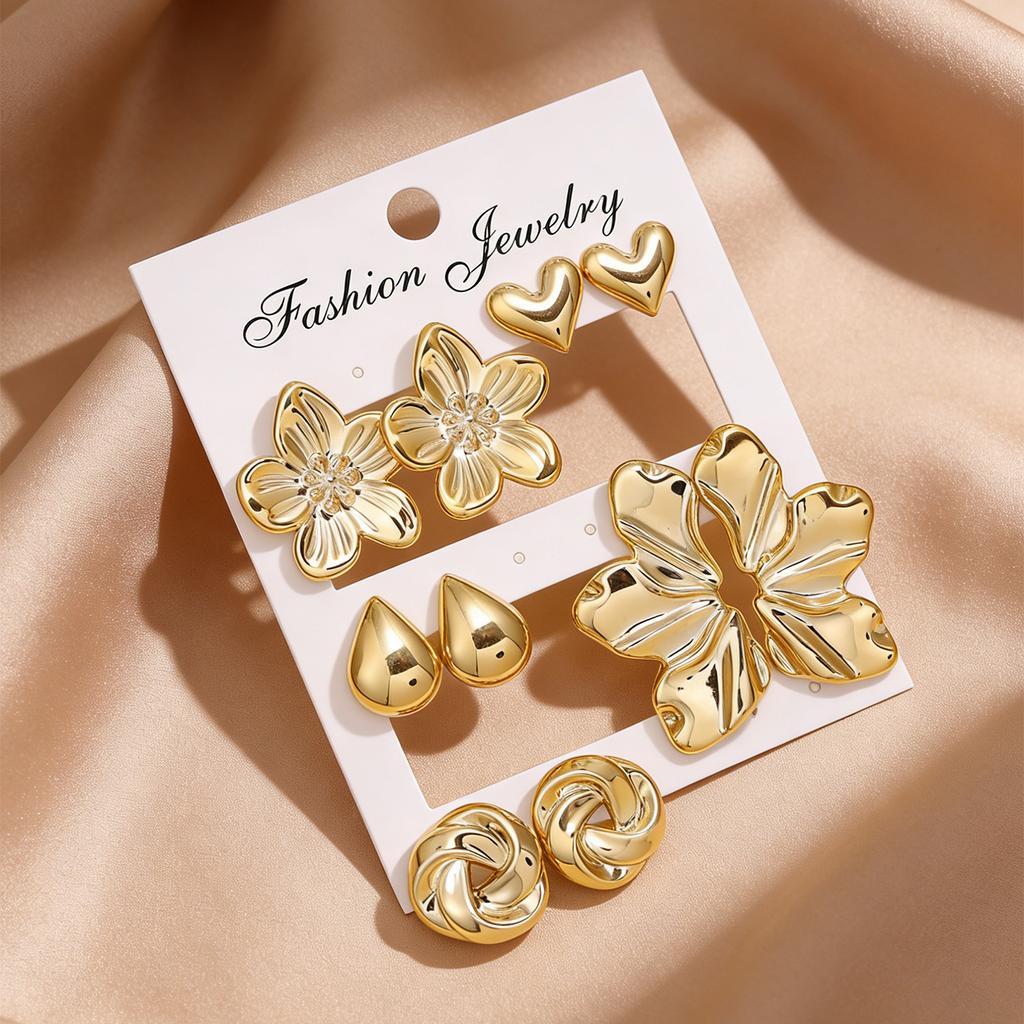 New gold stud earrings set, flower heart-shaped geometric various versatile earrings, trendy jewelry