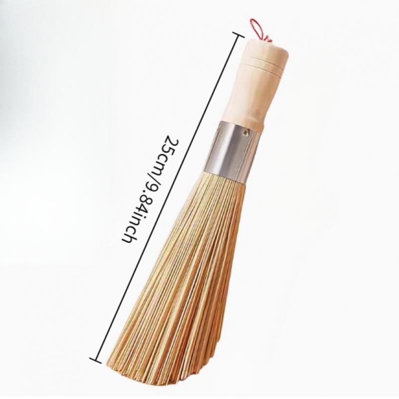 Old-fashioned bamboo pot brush with solid wood handle, kitchen household brush for cleaning pots and pans.