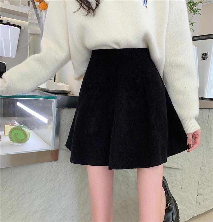 Women's Autumn Winter Latte-Coloured Corduroy Casual All-match Versatile Skirt Schoolgirl Style High-Waisted Slimming Pleated A-Line Short Skirt