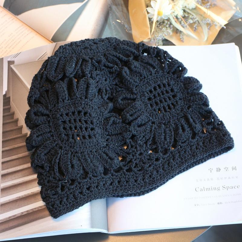 Ethnic Exotic Style Wide Hand Hook Sunflower Retro Baotou Hat Spring and Summer Hollow Cotton Thread Knitted Hat