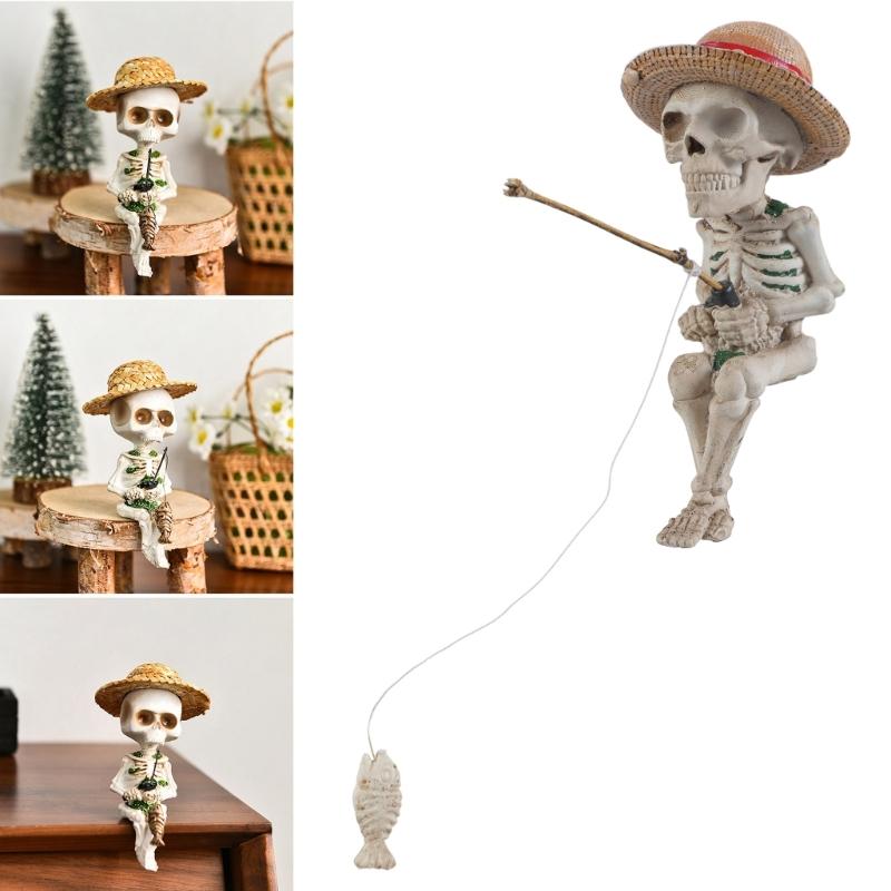 Miniature Resins Skeleton Fishing by Pond Intricate Detailing Figurine Gift for Collectors and Halloween Enthusiasts