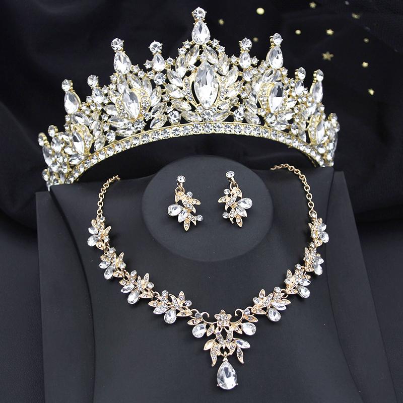 Luxury AB Crystal Water Drop Bridal Jewelry Sets and Tiaras Crown Necklace Earrings Wedding Dress Jewelry Set Accessories
