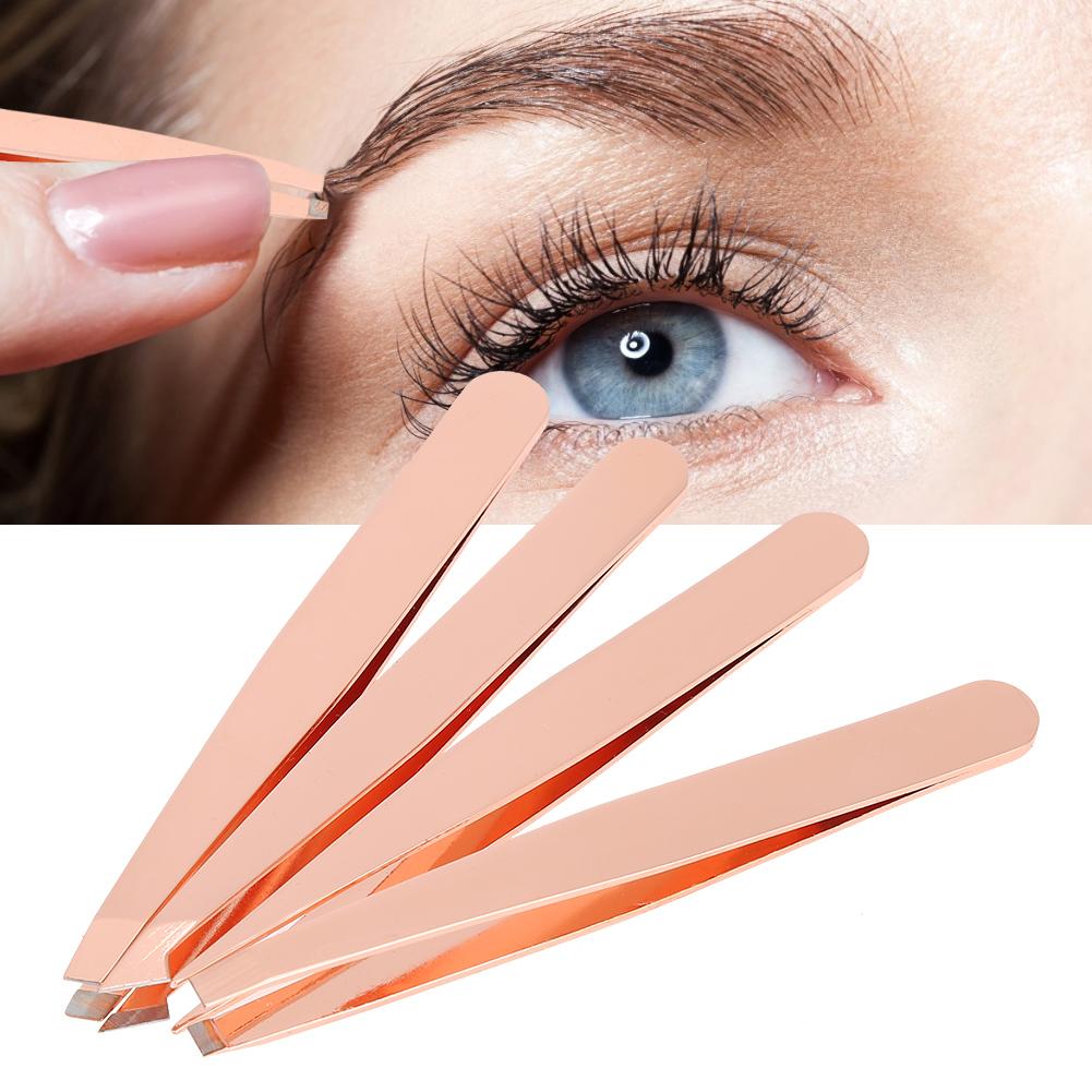 Professional Rose Gold Stainless Steel Slant Tip Tweezer Eyebrow Hair Remover Makeup Tool 4pcs