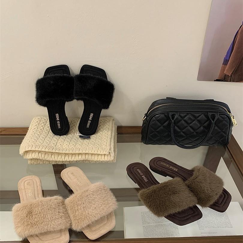 2025 autumn and winter new European and American slope heel French square head open-toed fluffy slippers women's shoes outside wear