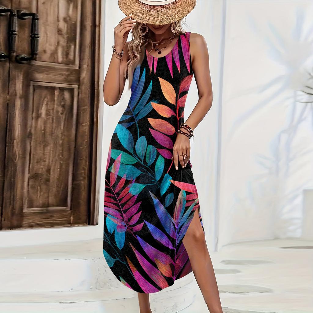 Women Sleeveless Long Dress Casual Loose Fit Hawaiian Print Maxi Dress Summer Beachwear Side Slit Sleeveless Sundress