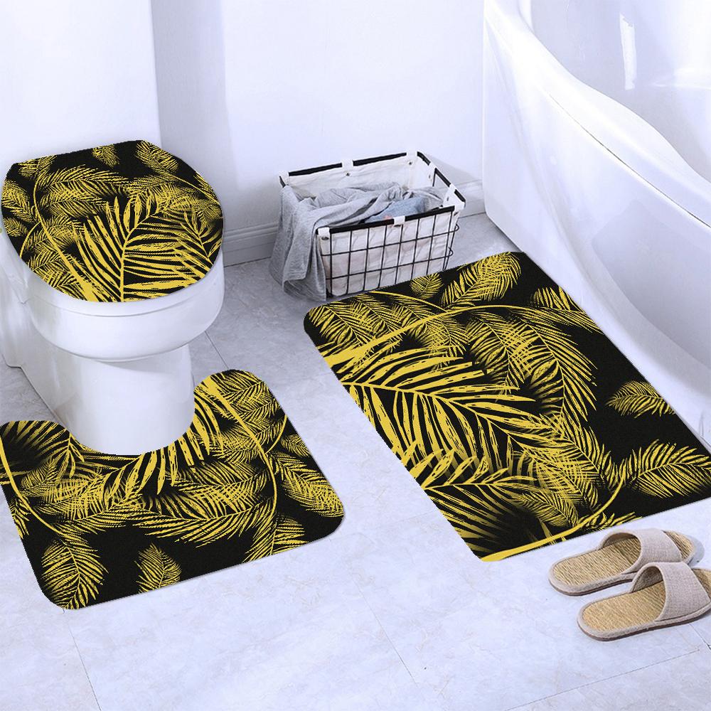Black and Gold Tropical Plant Palm Leaf Bathroom Shower Curtain Set for Bathtub Exotic Leaves Bath Mats Rugs Toilet Home Decor