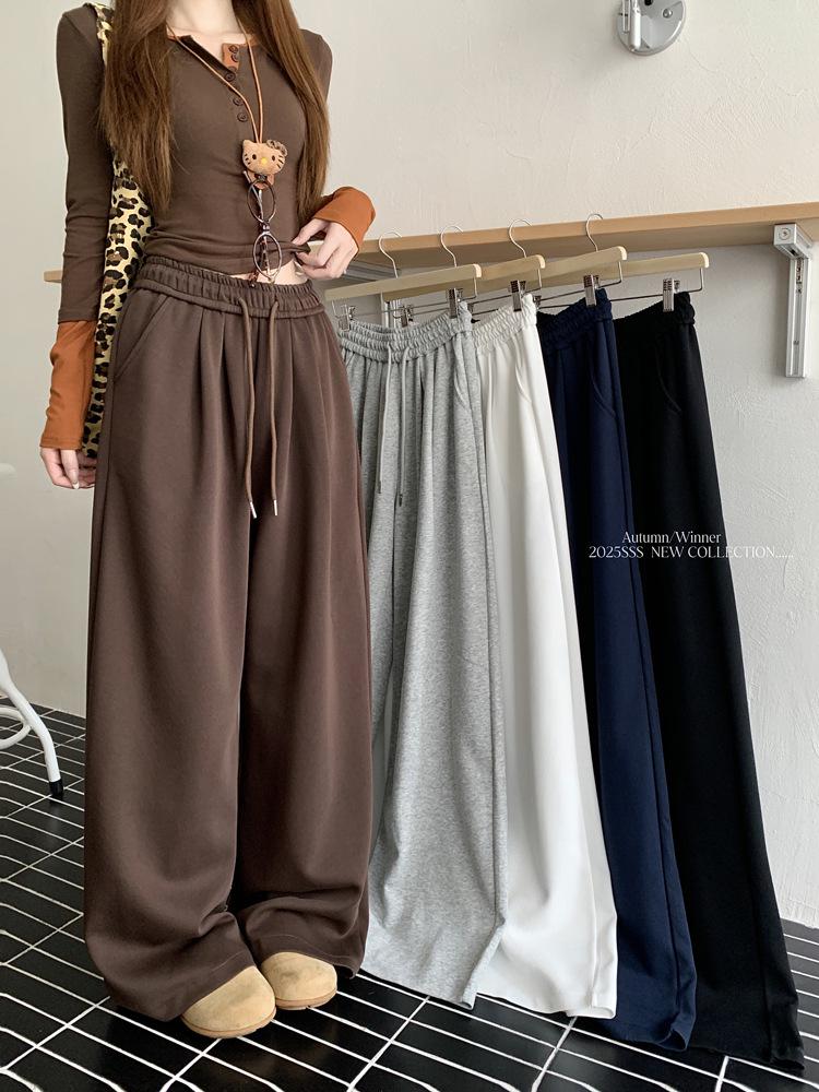 

Gray Elastic Waist Wide-Leg Casual Pants with Drawstring – Autumn 2025 Large кавовий