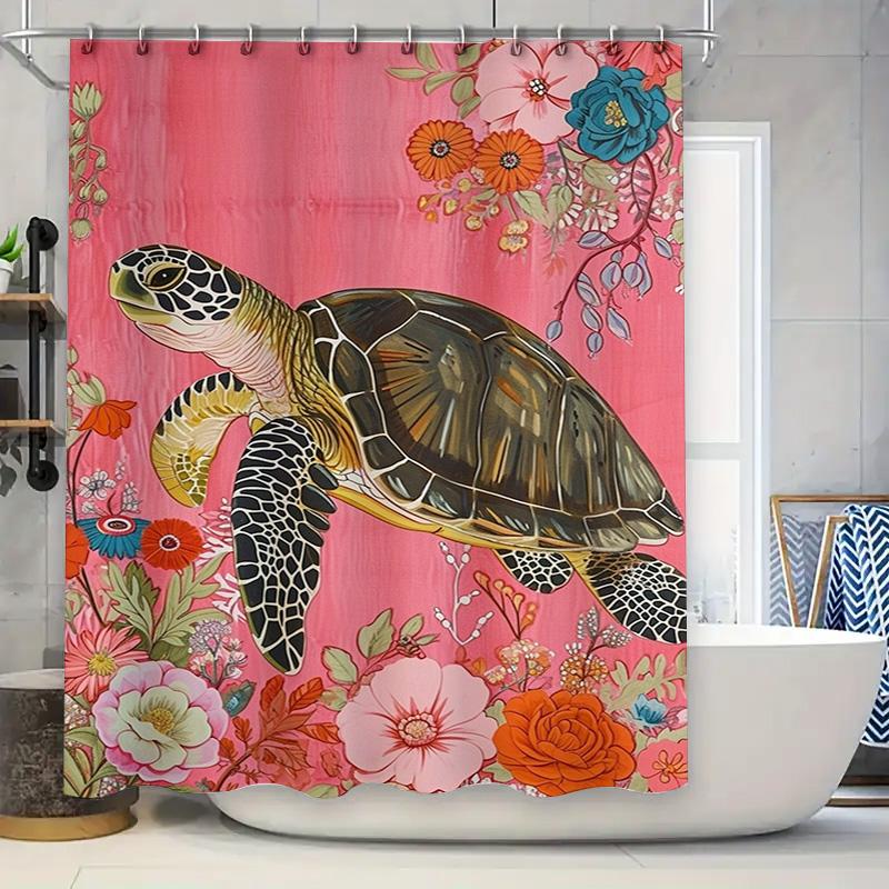 

Animal Print Shower Curtain Sea Turtle Design For Bathroom Decor Pink Floral Blue Flowers Pattern Machine Washable Fabric Waterc W60H190(CM)-1 Pcs