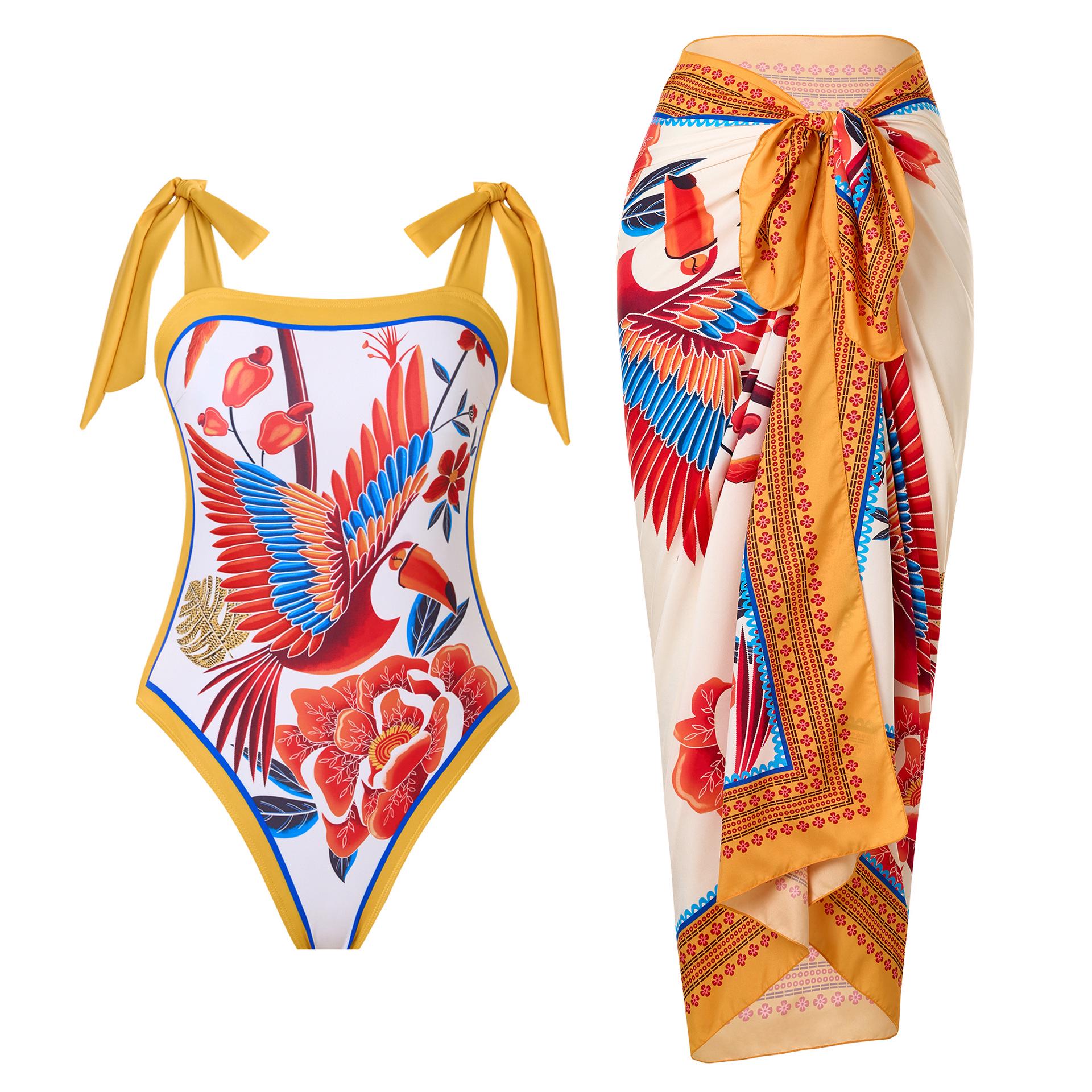 

Retro Print One-Piece Swimsuit & Chiffon Cover-Up Set - New Arrival Small