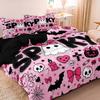 3Pcs Pink Spooky Bow Ghost Print Duvet Cover Set, Cute Ghost Pumpkin Bat Skull Spider Web Heart Halloween Print Bedding