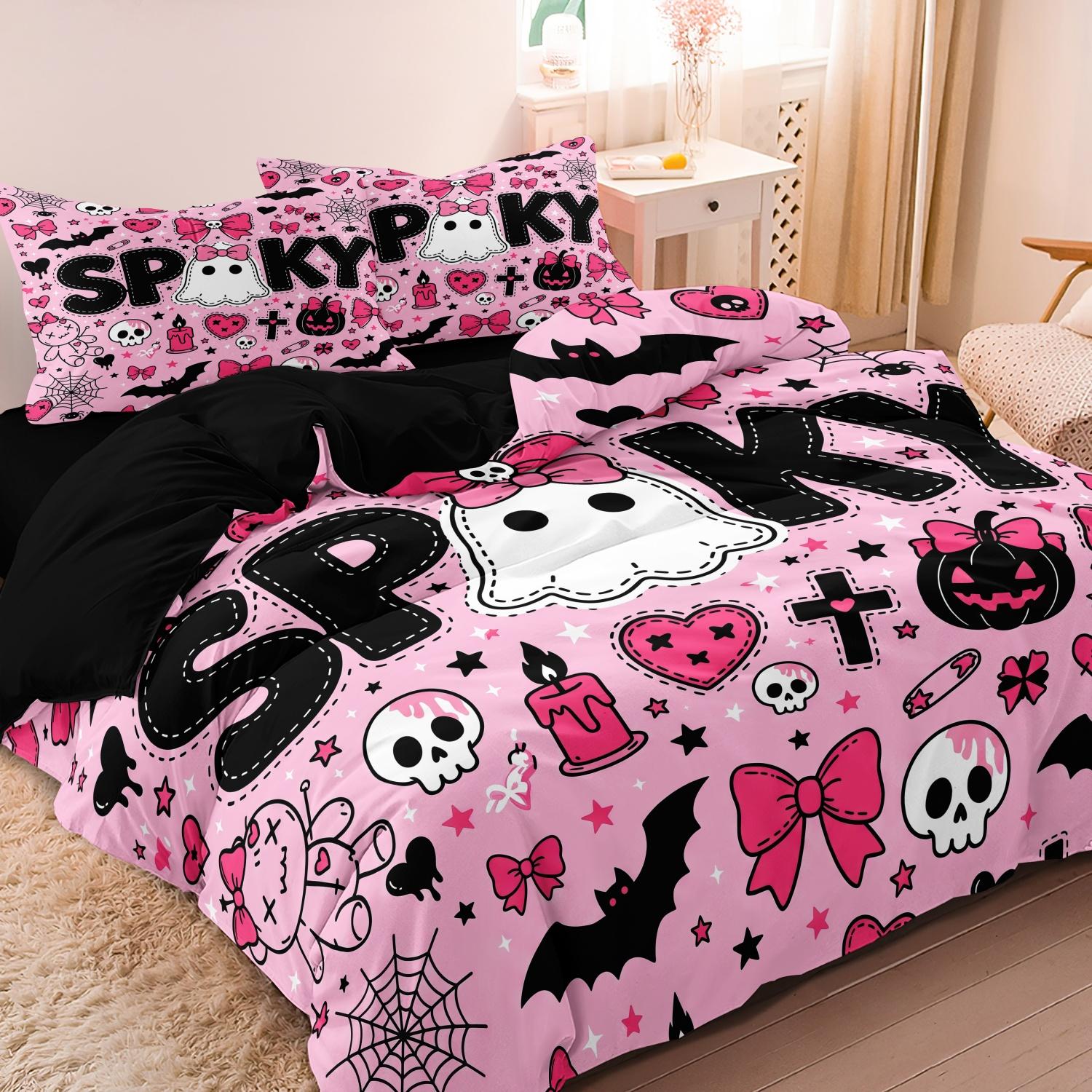 Ensemble de housse de couette 3 pièces Rose Fantomatique Imprimé Fantôme, Mignon Fantôme Citrouille Chauve-souris Crâne Toile d'araignée Cœur Imprimé Halloween Literie 160x210cm(63x83inch)&set