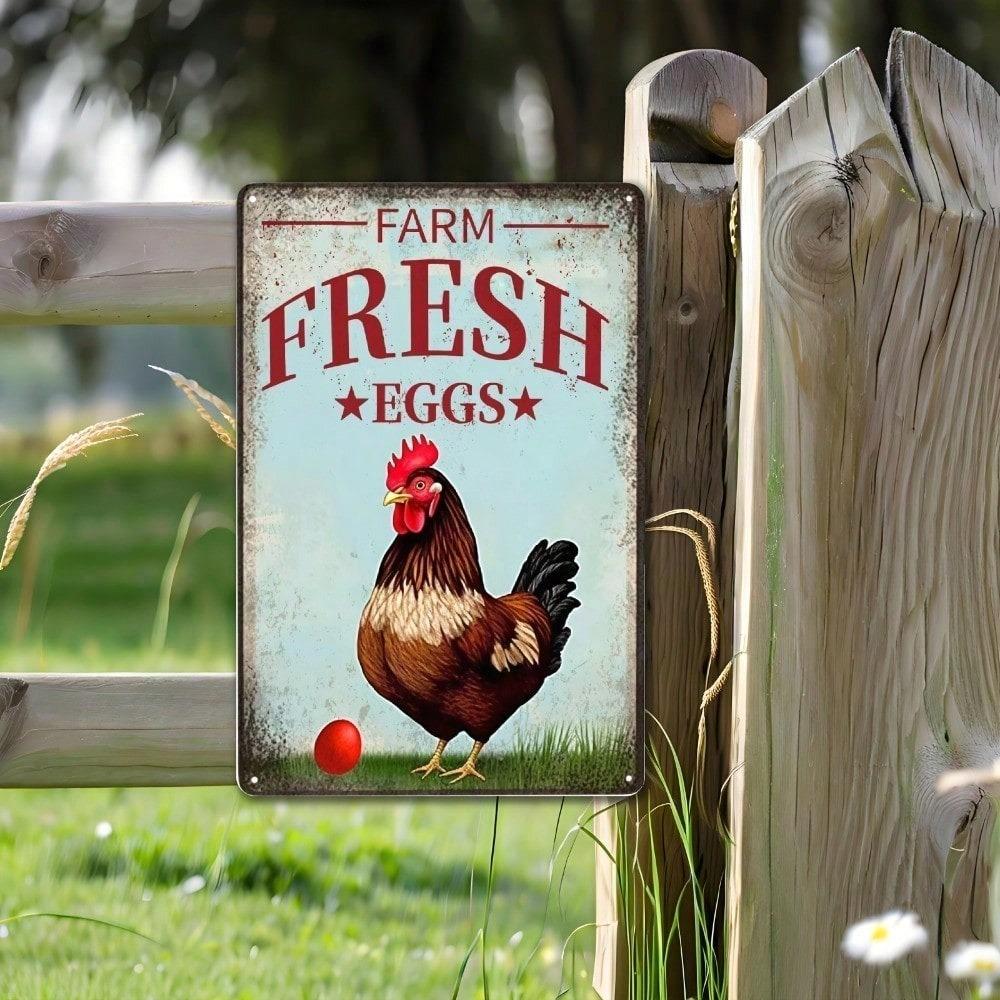 Vintage Chicken Farm Eggs Metal Tin Sign, Rustproof UV Resistant 2D Flat Wall Art Decor