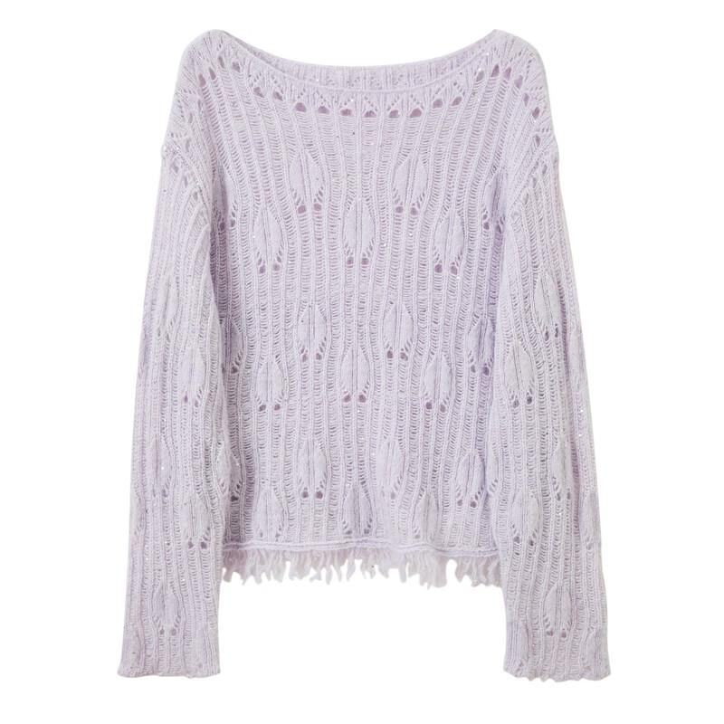 Sancai New Chinese Style Off-Shoulder Hollow Knit Sweater