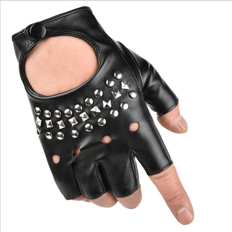 Punk Studded Fingerless Gloves, Gothic Faux Leather Gloves for Halloween & Cosplay L