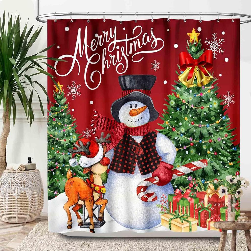 Christmas Shower Curtain,Winter Fireplace Xmas Trees Gifts Printed New Year Waterproof Fabric Bathroom Shower Curtain Set with