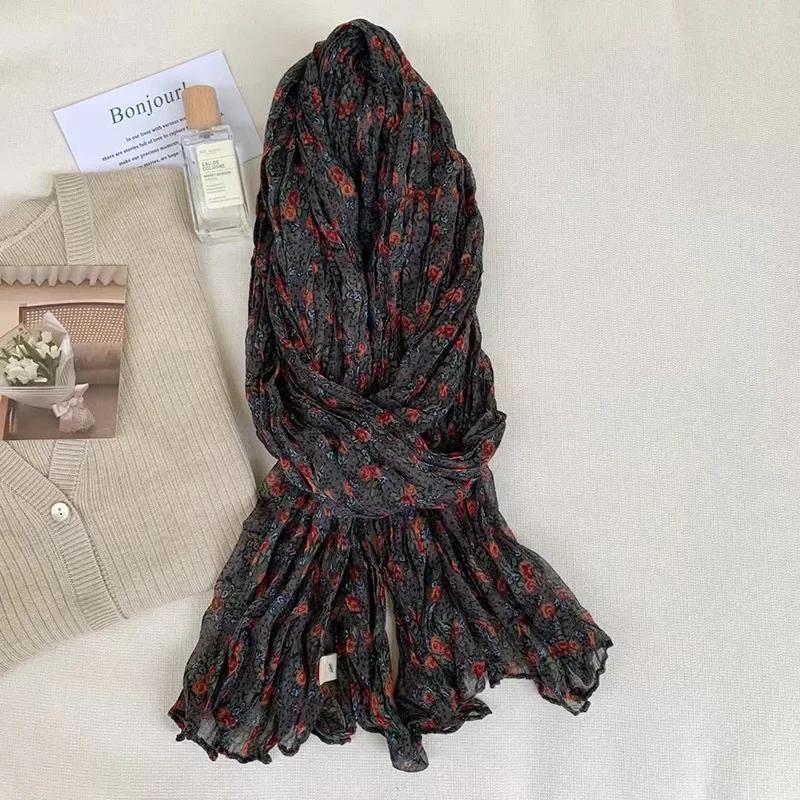 Vreovor Antique Scarf New Autumn And Winter Live Broadcast  Literary Cotton And Linen Retro Flower Crumpled Men Women