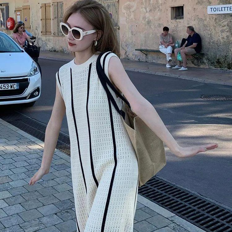 Chic Design Contrast Stripe Ice Silk Knitted Sleeveless Dress for Women, Summer Casual Gentle Style Skirt