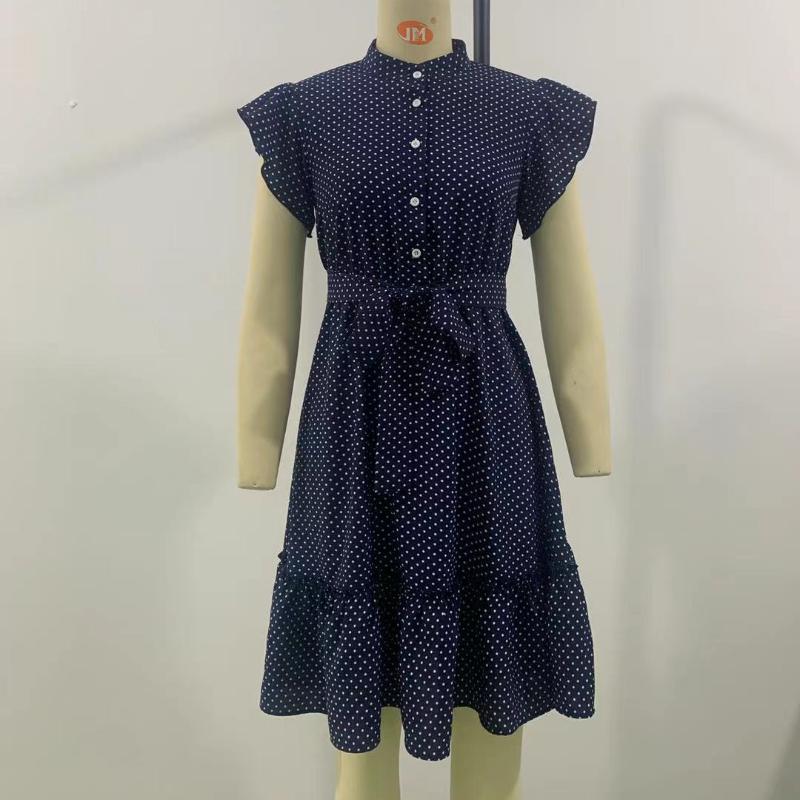 GMXIA Women's Dresses Summer Elegant Wind Dot Ruffle Sleeve A-line Dress Tie Midi Dress