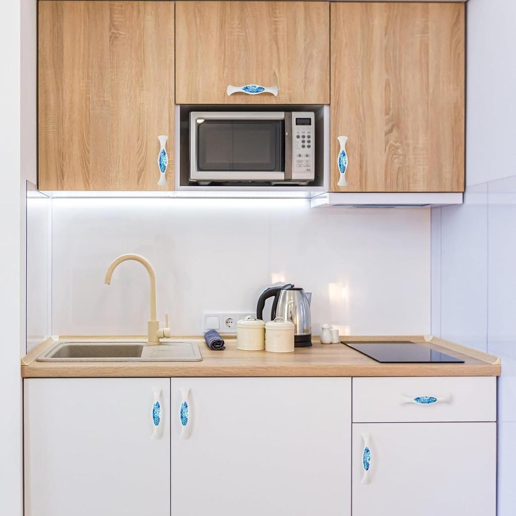 LORVIES 4 Pack 5.6" Marble Decorative Cabinet Knobs, ABS Glass Wavy Long White, Drawer Dresser Door Handles Pulls for Home Kitchen Bedroom (Turquoise