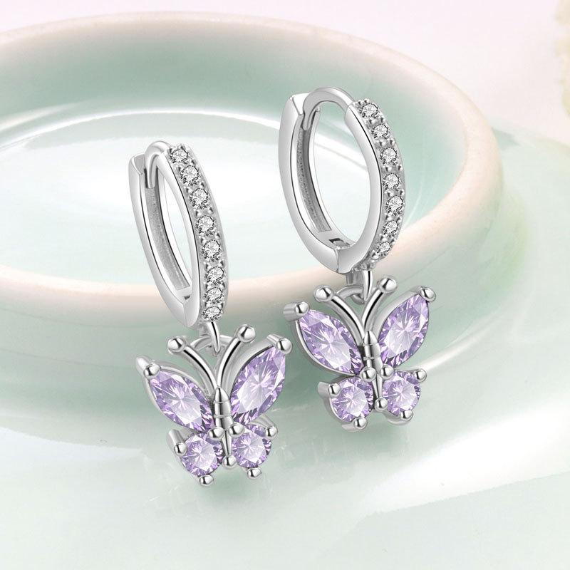 Exquisite Butterfly Zircon Earrings With Twelve Birthstones Fashionable And Simple Ear Clips Jewelry For Women