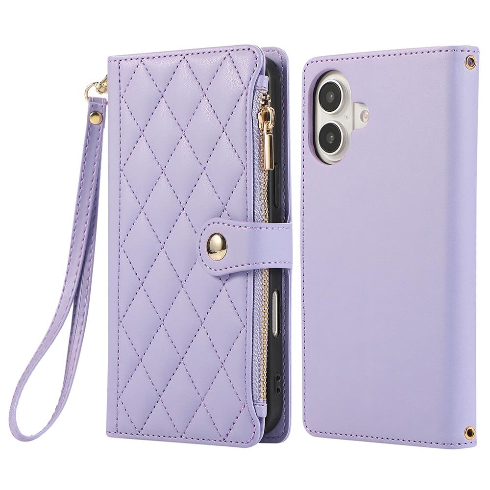 For iPhone 16 Case Multi Card Slots Zipper Rhombus Leather Phone Cover with Wrist Strap