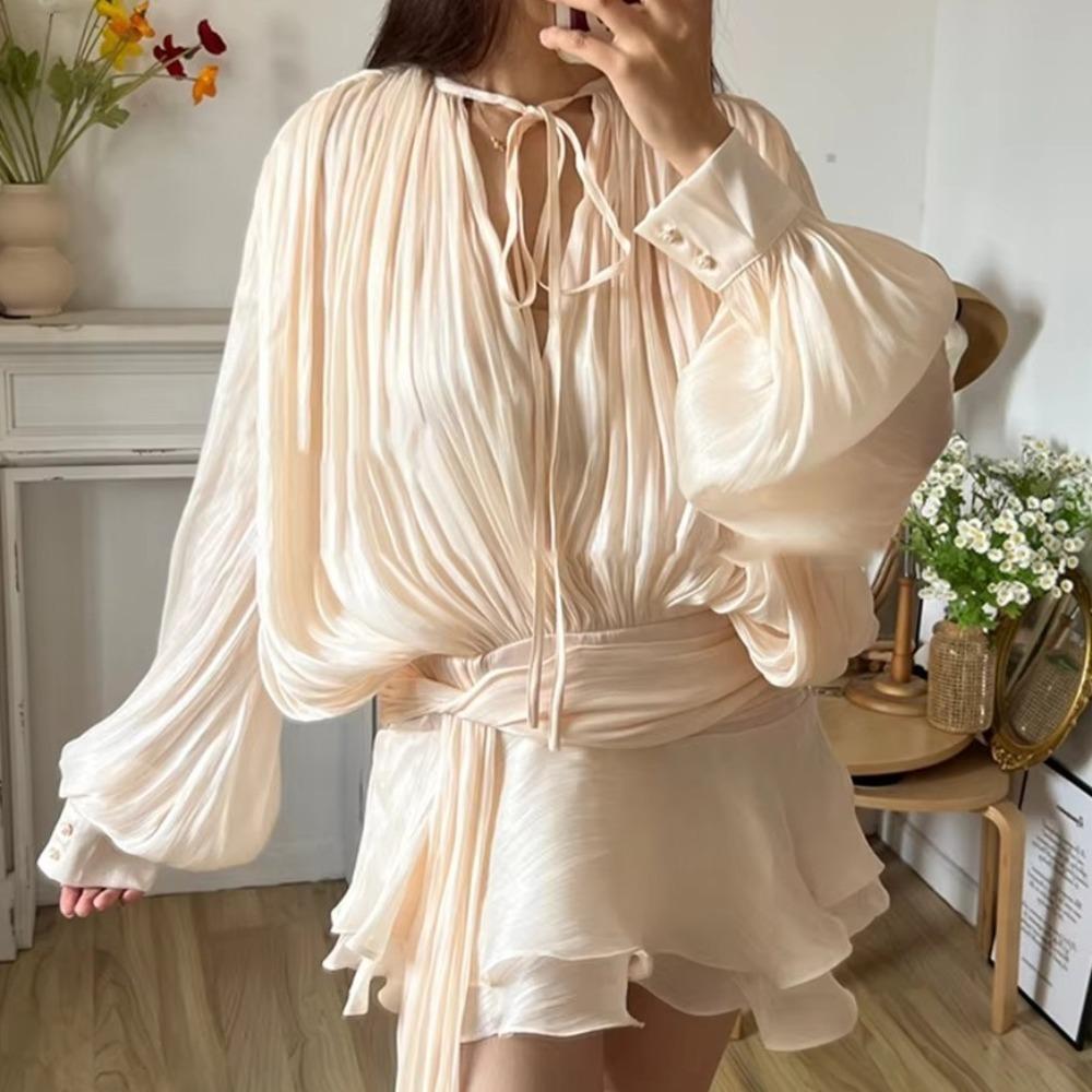 

Ruffles Folds Female Clothing Solid Blouse Dresses 2025 Mini Dress Birthday M бежевий