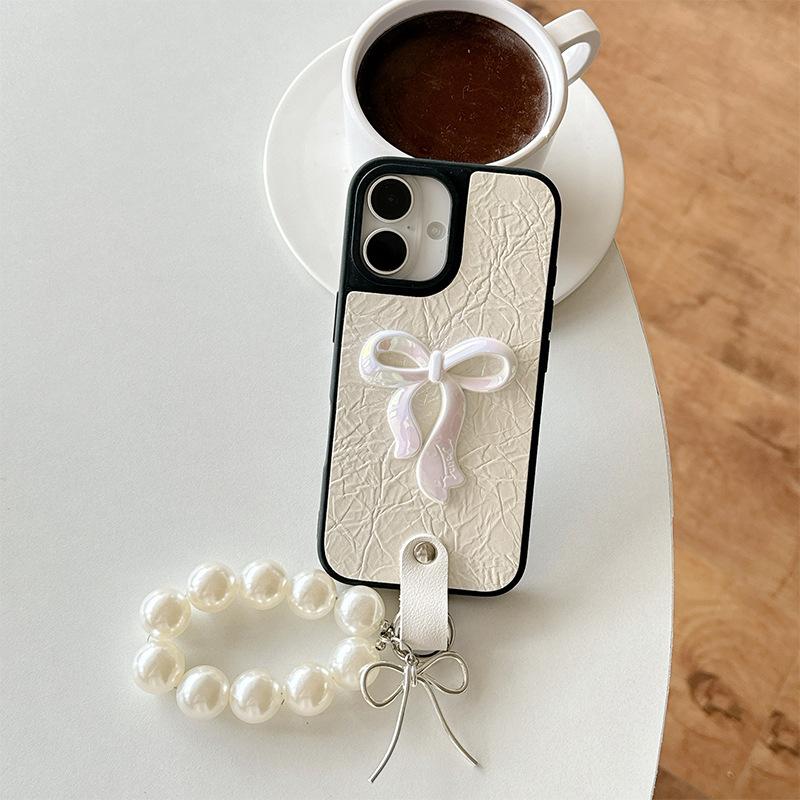

Bow Pearl Chain Leather Mobile Phone Case For Apple 17 Solid Color Iphone15Pro Women S 14 iPhone X/XS