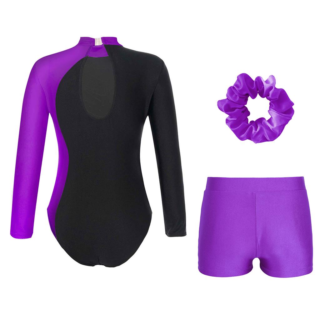 Dívčí dětský třpytivý gymnastický trikot s dlouhým rukávem a tanečním oblečením, kraťasy a pokrývkou hlavy