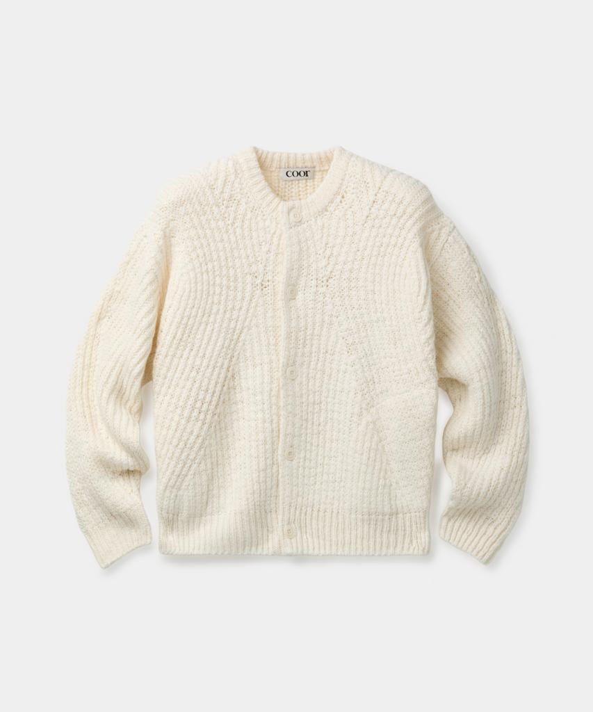 Kueo Heavyweight Curved Rib Round Neck Cardigan (Cream)