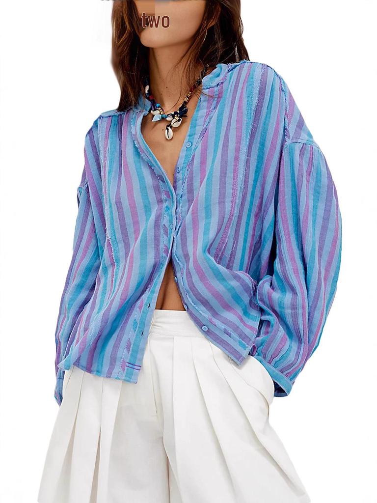 Cardigan chemise à manches longues rayé ample pour femme, style littéraire d'été
