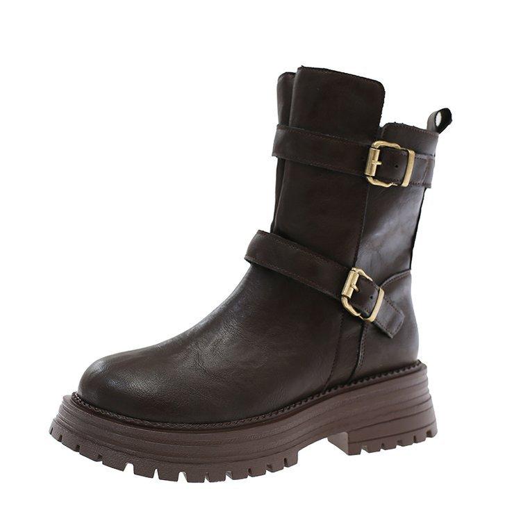 British Style Retro Round Head Thick-soled Martin Boots for Women 2025 Autumn and Winter New Thick Heel Short Boots Belt Buckle Boots for Women
