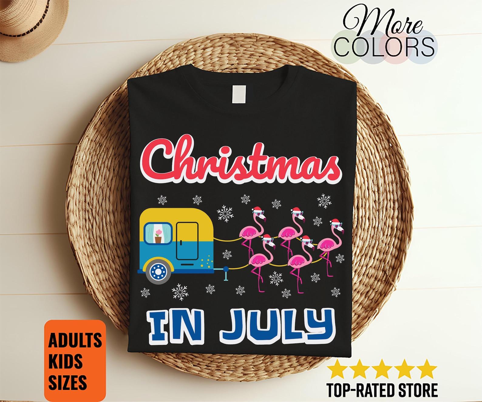 Christmas In July Xmas Flamingo Trailer Camp Camper Summer T-Shirt, Gift Summer, Beach Pool Party TShirt, Cruise, Birthday In July Holiday, 160
