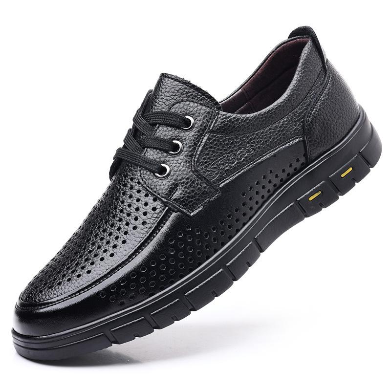Hollow Leather Shoes Hollow Sandals Punched Round Head Men's Shoes Black Non-slip Breathable Deodorant Spring and Summer Casual Middle-aged Dad