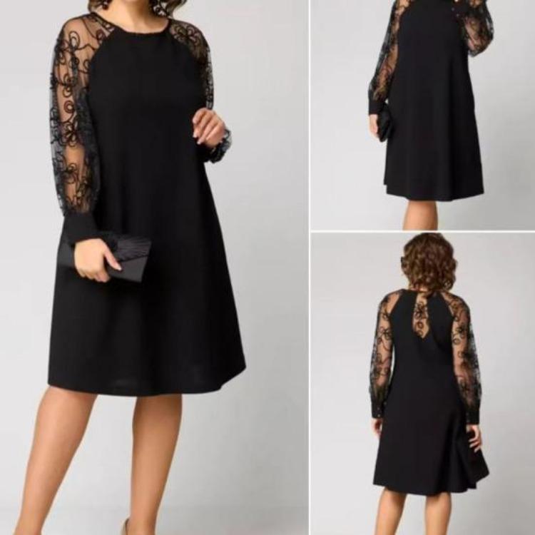 Summer Casual Lace Patchwork Dress Women Crew Neck Long Sleeve Loose A-line Midi Dress for Daily Vacation