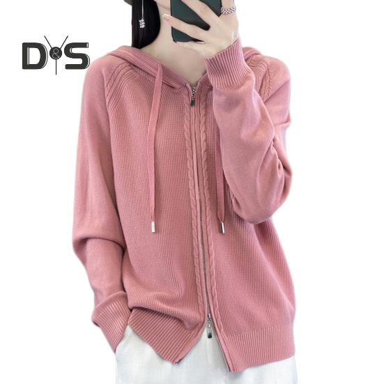 Women Sweater Coat Hooded Drawstring Long Sleeve Double Zippers Knitting Coat Solid Color Loose Fit Jacquard Outwear