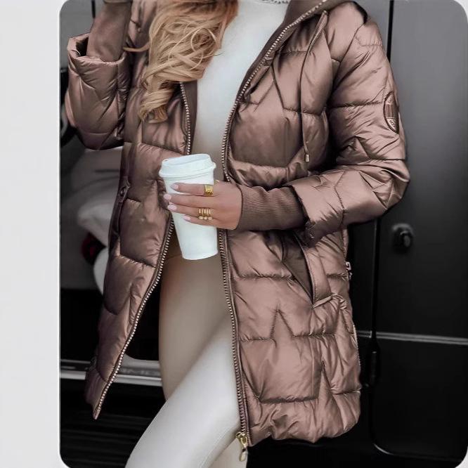 Winterjacke 2024, europäischer und amerikanischer Stil, Kapuze, drei Reißverschlüsse, mittellang, aus Baumwolle